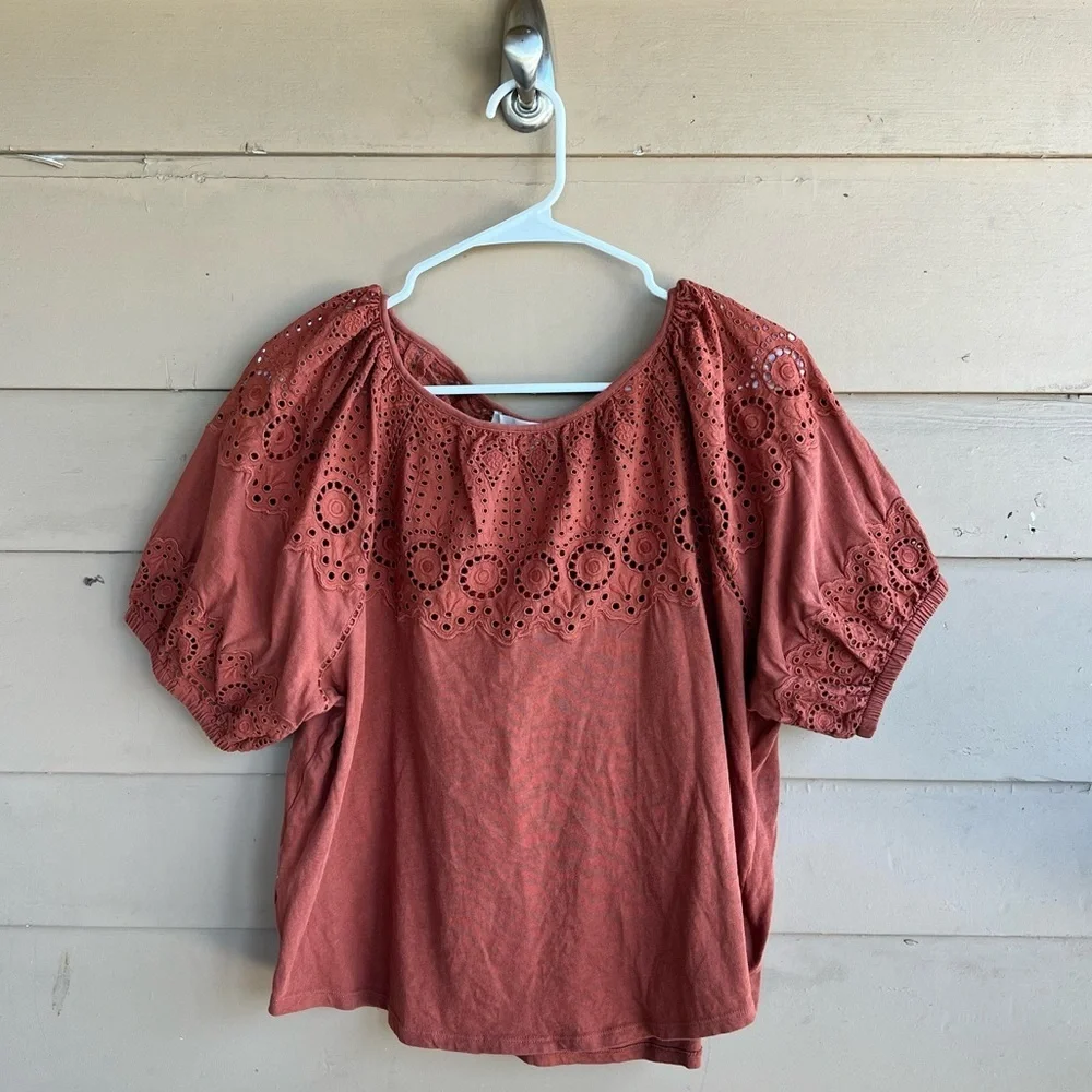 Loft Rust Red Cotton Puff Sleeve Top With Eyelet Lace Yoke, M